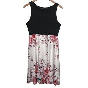 Sleeveless Black & Floral Butterfly Print Stretch Summer Lightweight Dress Large